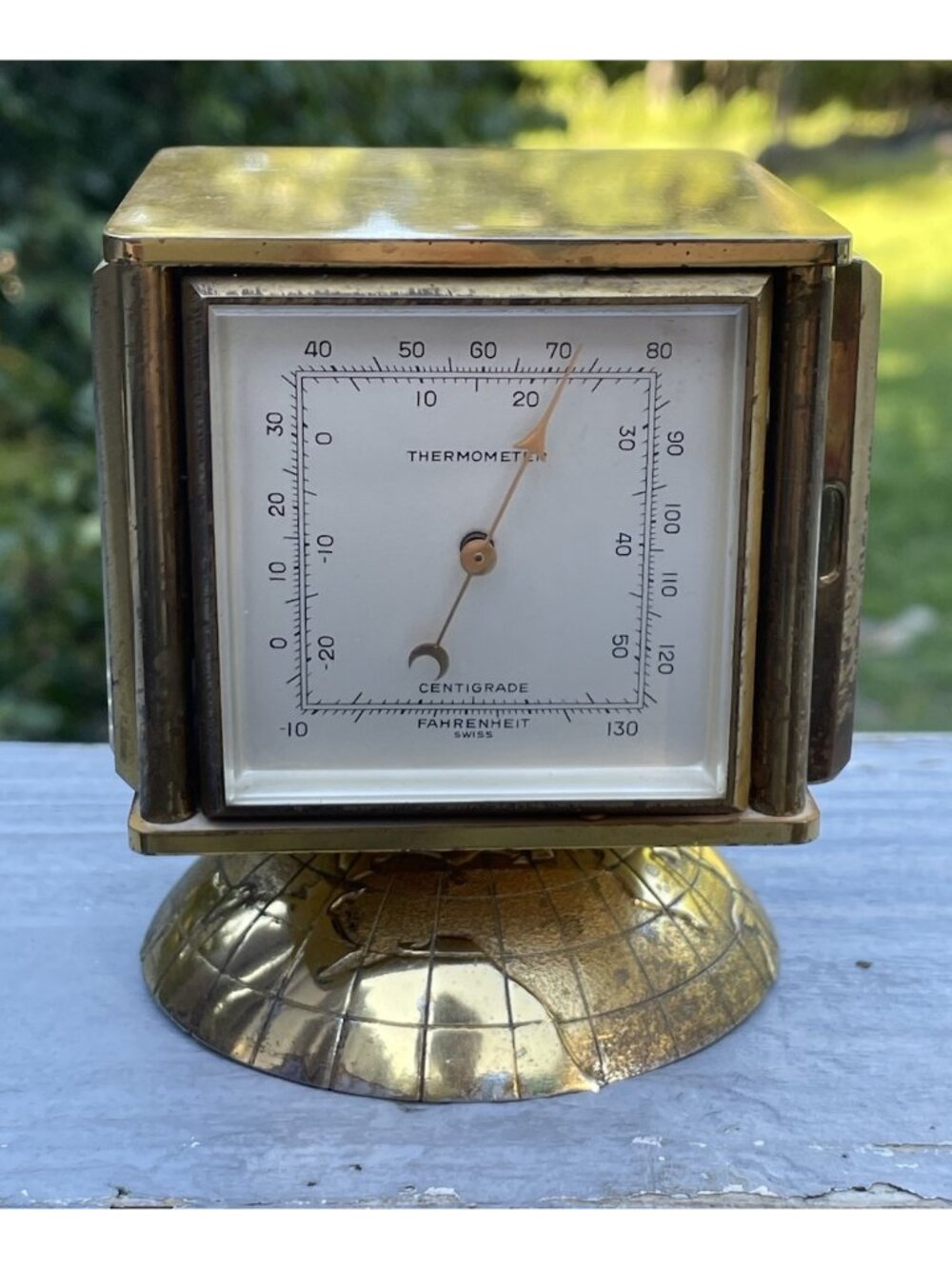 RARE Mid-Century Alfry Swiss Brass Four Panel Weather Station w World Globe Base